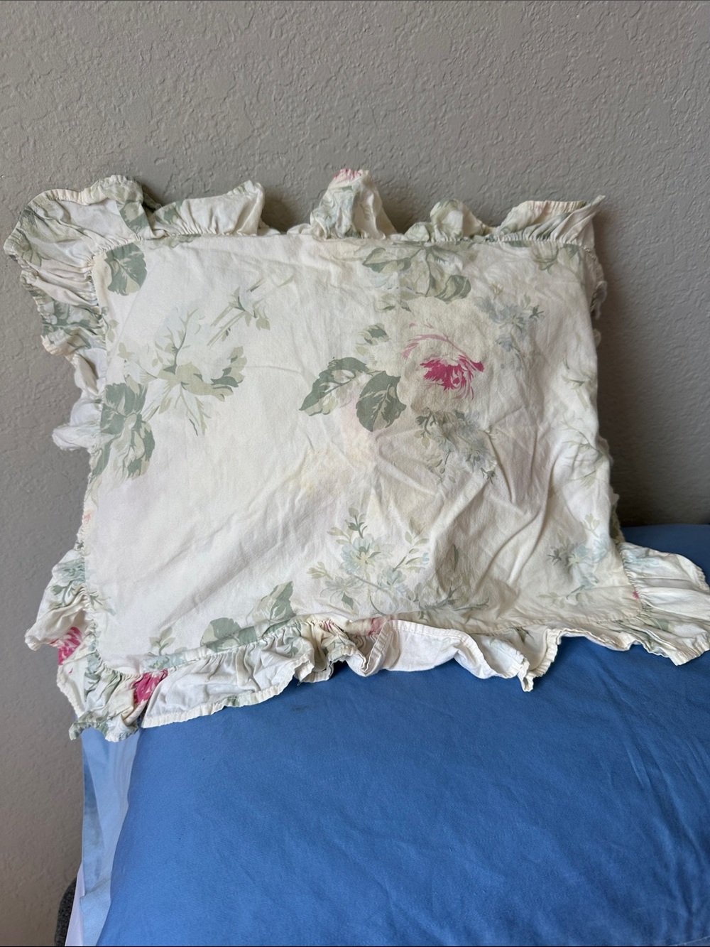 Shabby Chic Cream Pillow Sham with Pink Rose and Green Leaf Print
